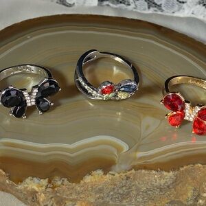 Butterfly Gemstone Ring Trio in Black, Blue, and Red Lot of 3 Butterfly Rings